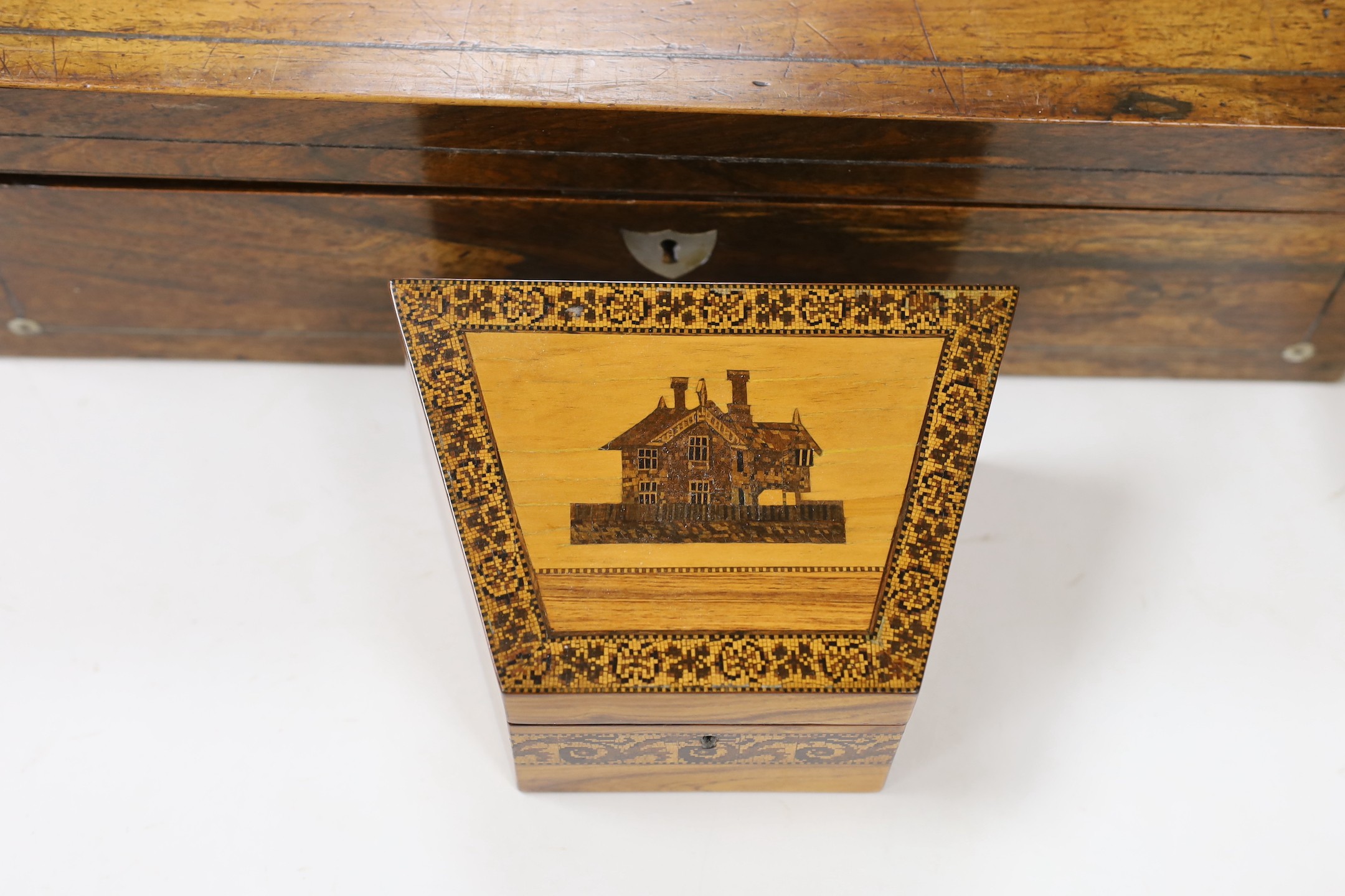 A Tunbridge ware gaugework ‘Hurst Wood Cottage’ rosewood stationery box, and a 19th century mother of pearl inset writing slope - 46cms x 26cms